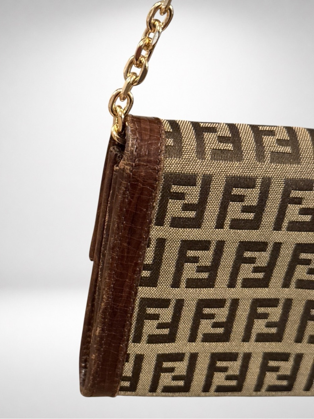 FENDI Zucca Canvas Chain Wallet Crossbody Brown FF Logo Leather Gold Hardware - Picture 4 of 16